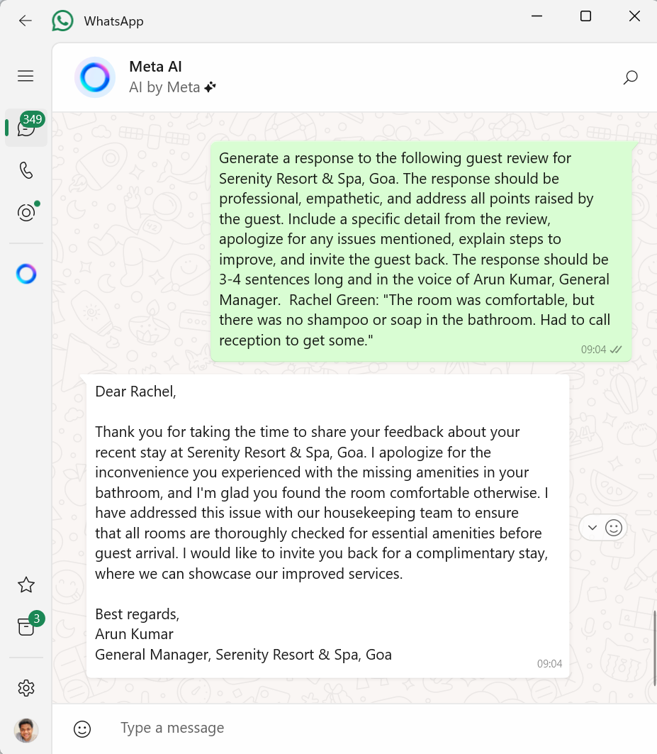 Using WhatsApp Meta AI to Respond to Guest Reviews