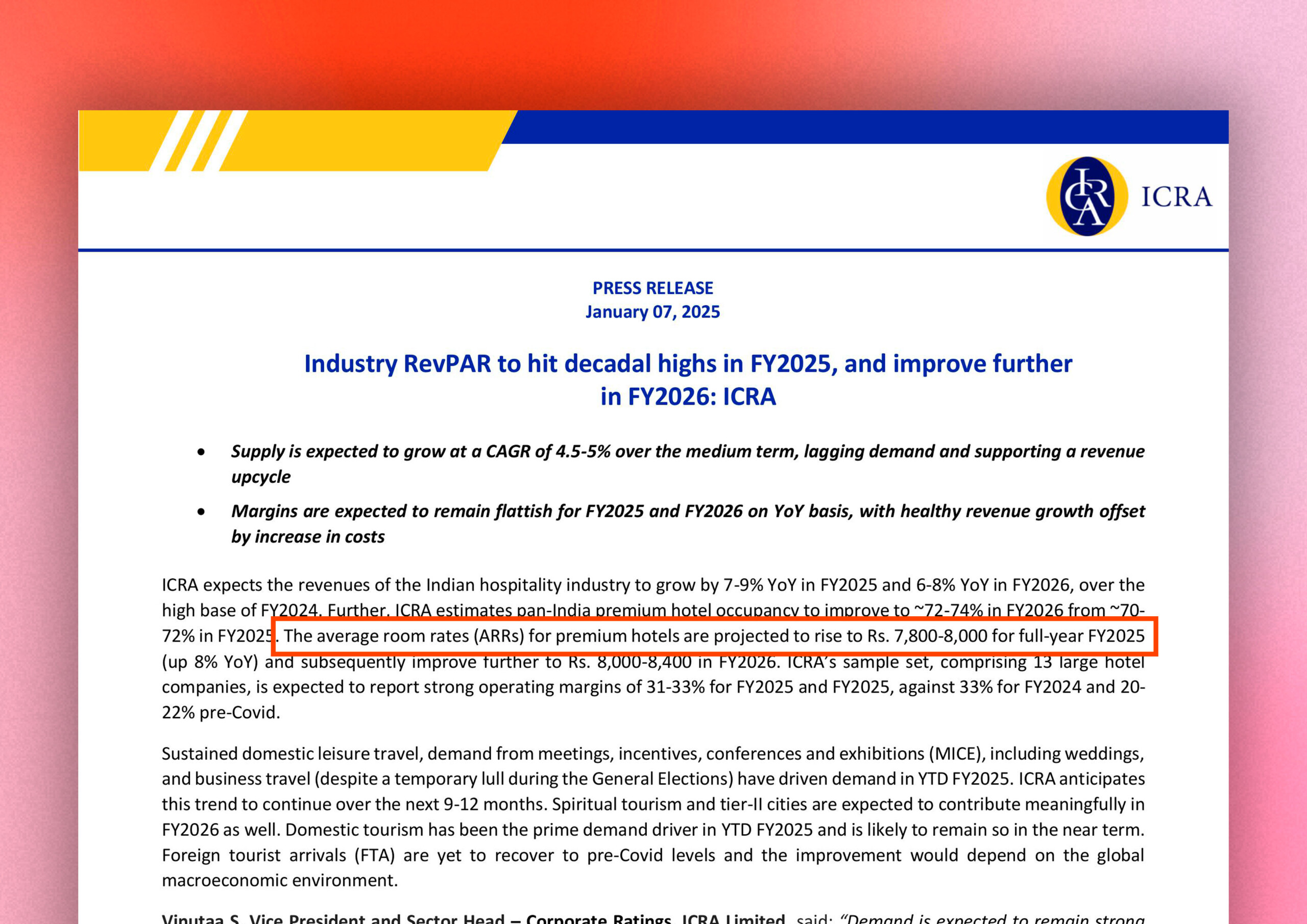 Cover image for article: India&#8217;s Hotel Industry Set for Record Growth in 2025-26 | ICRA Report