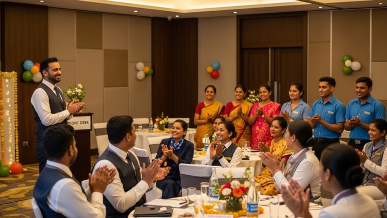 Hotel employees in India celebrating a townhall meeting as the General Manager speaks at the front